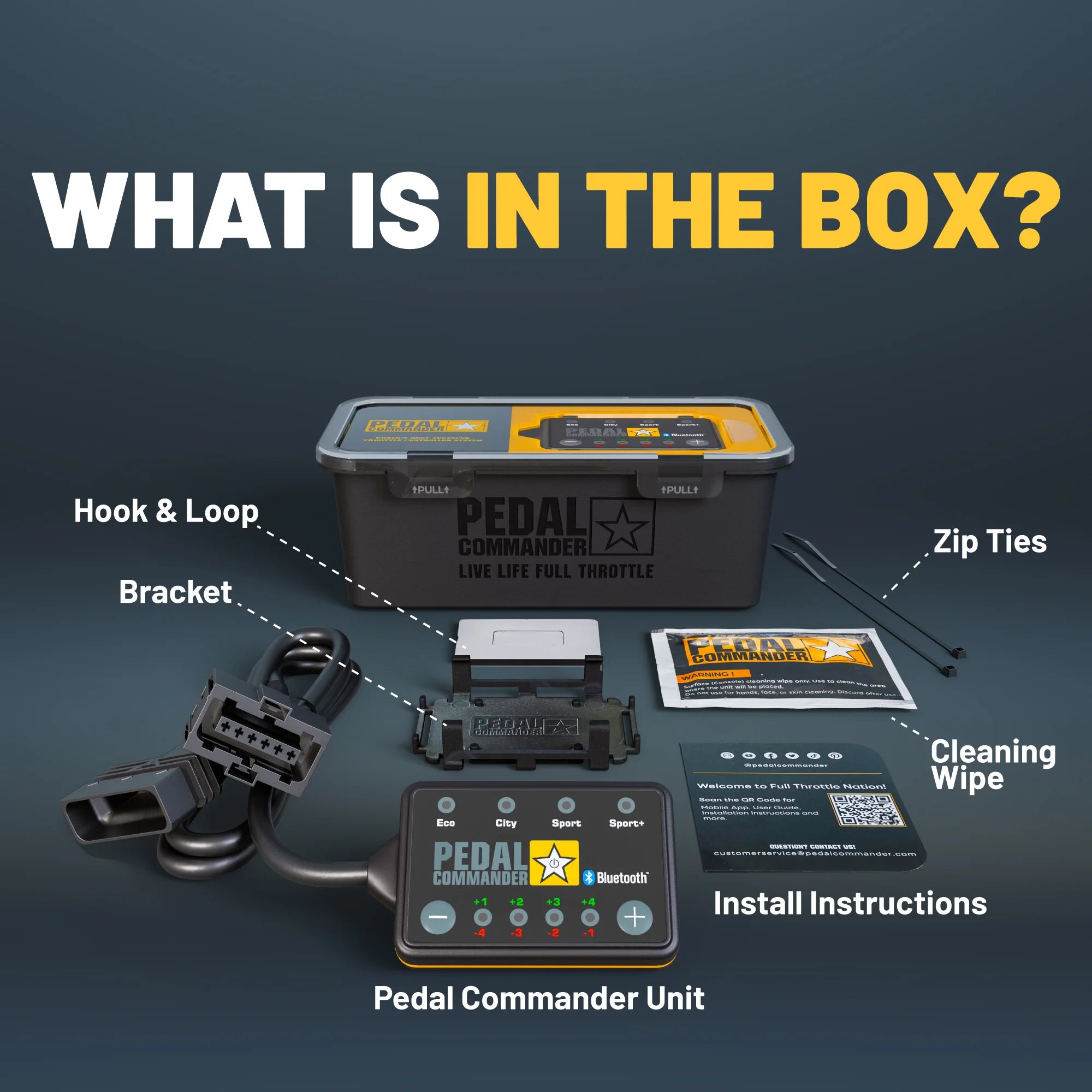 Product packaging with Pedal Commander unit, hook & loop bracket, zip ties, cleaning wipe, and install instructions