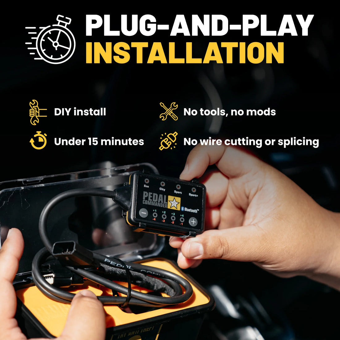 Hands installing a pedal commander® throttle response controller device with text about plug-and-play installation.